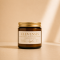 Wilde Apple Tree Elevenses mini soy candle in amber glass jar with gold lid, scented with creamed vanilla, brown sugar and cinnamon, handcrafted in Australia